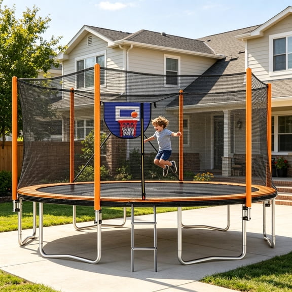 LuckyNote 14FT Outer Enclosure Trampoline with Basketball Hoop, Ladder & Inflator, Heavy Duty Backyard Bouncer for Kids Adults, Orange
