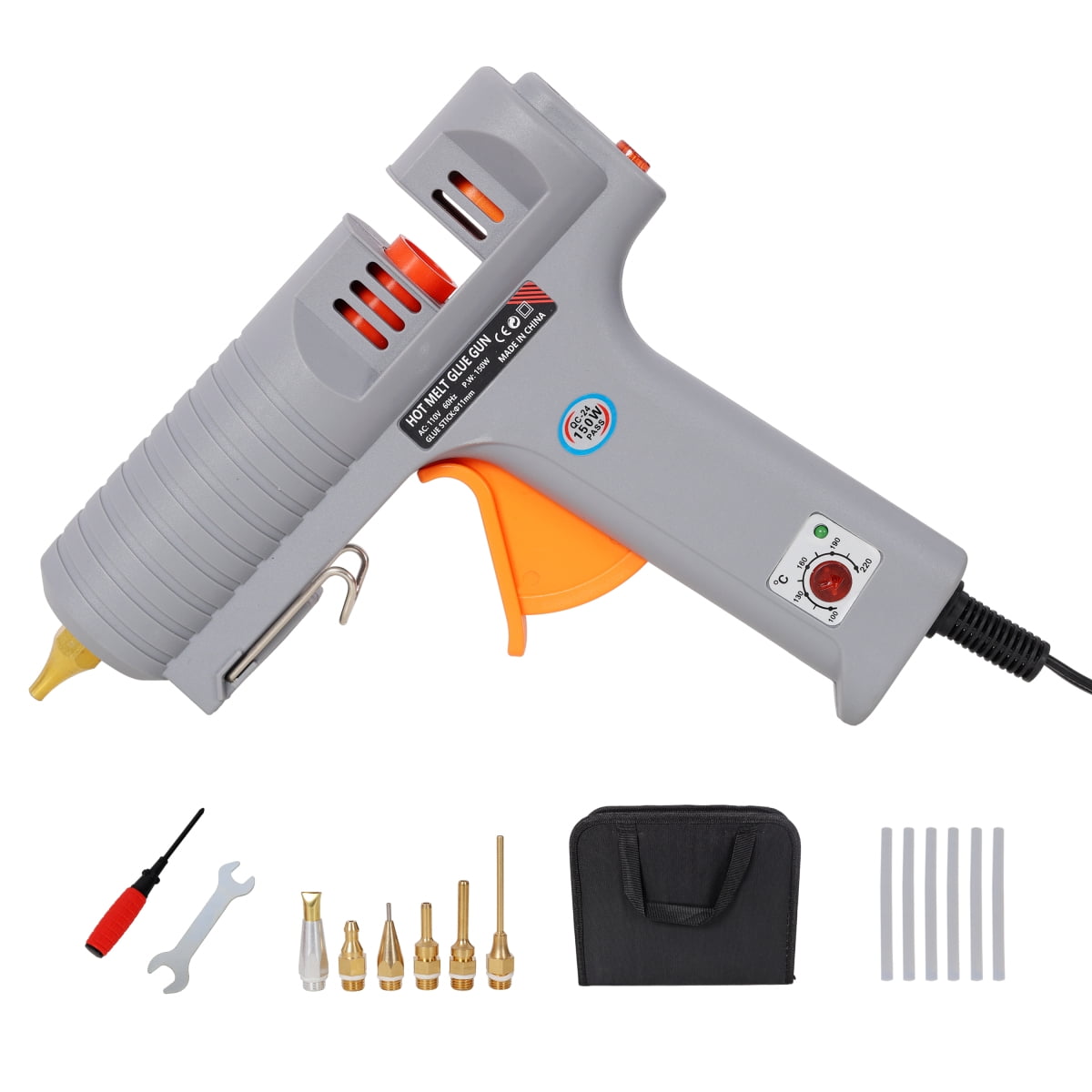LuckyNote 150W Hot Glue Gun with Adjustable Temperature, 6 Copper Nozzles & 6 Glue Sticks, DIY Craft Repair Tool, Black Storage Bag, Gray