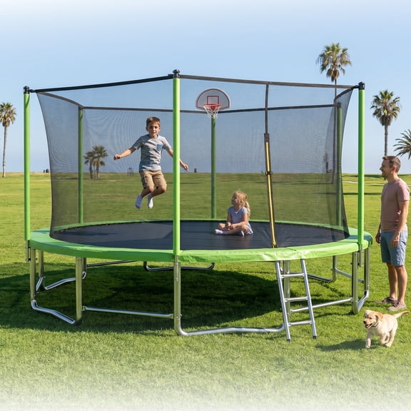 LuckyNote 15FT Outdoor Trampoline with Enclosure Net & Ladder, Heavy Duty Recreational Trampoline with Balance Bar Design, Green