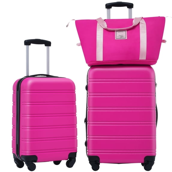 LuckyNote Hardshell Luggage Set 2 Pieces with Tote Bag, Spinner Suitcase with TSA Lock Lightweight 20 Inch and 24 Inch, Pink