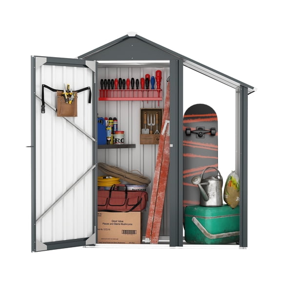 LuckyNote 2-in-1 Metal Garden Shed, Galvanized Steel Waterproof Lockable, Open & Enclosed Sections, Dark Gray