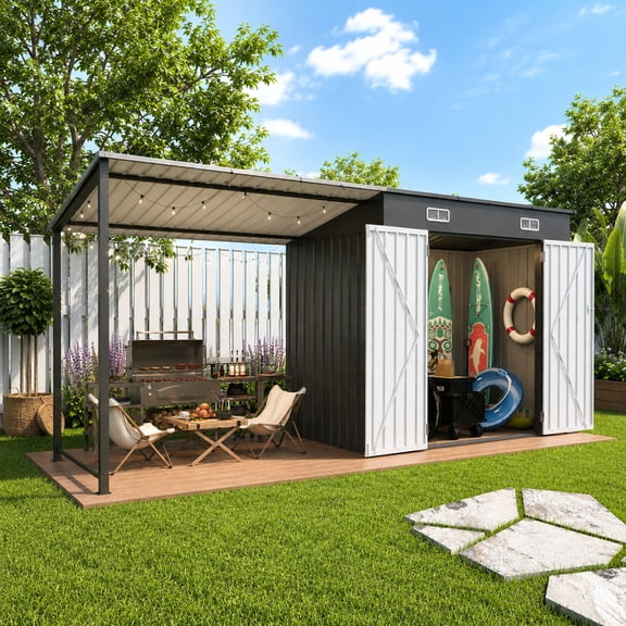 LuckyNote 2-in-1 Metal Lean-To Shed & Pergola, 6x4 FT Outdoor Storage Shed with Hardtop Gazebo, Garden Tool Shelter for Patio Backyard, Gray