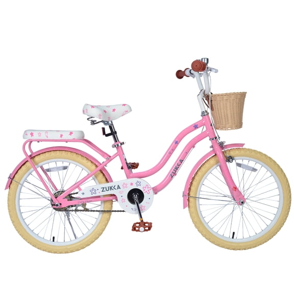 LuckyNote 20 Inch Bike with Basket, Carbon Steel Frame, Single Speed, Front Caliper + Rear Band Brake, Pink