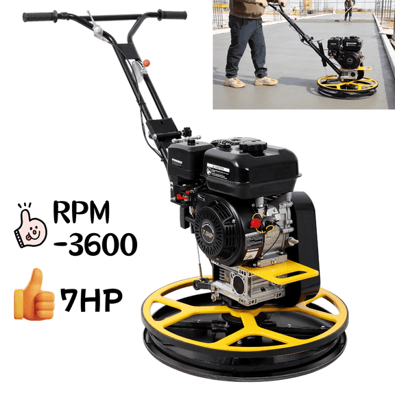 LuckyNote 22.5" Power Trowel, Walk-Behind Cement Trowel with Float Pan, 7HP Gas-Powered Concrete Surface Finisher for Smooth Finish, Yellow