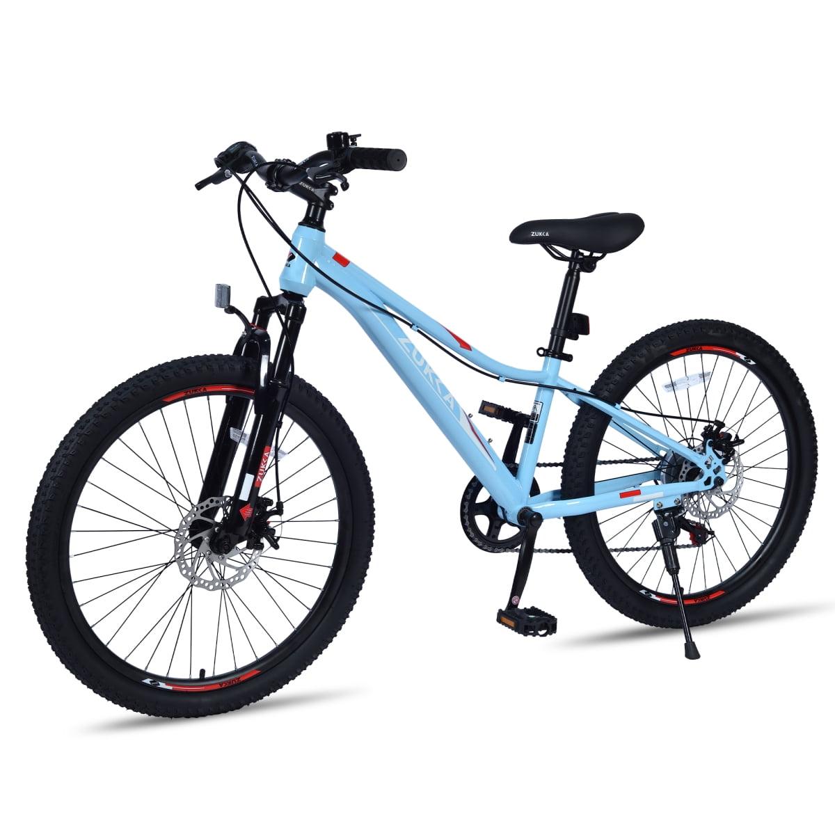 LuckyNote 24 Inch 6-Speed Mountain Bike, Steel Frame, Front & Rear Disc Brakes, Suspension Fork, Blue