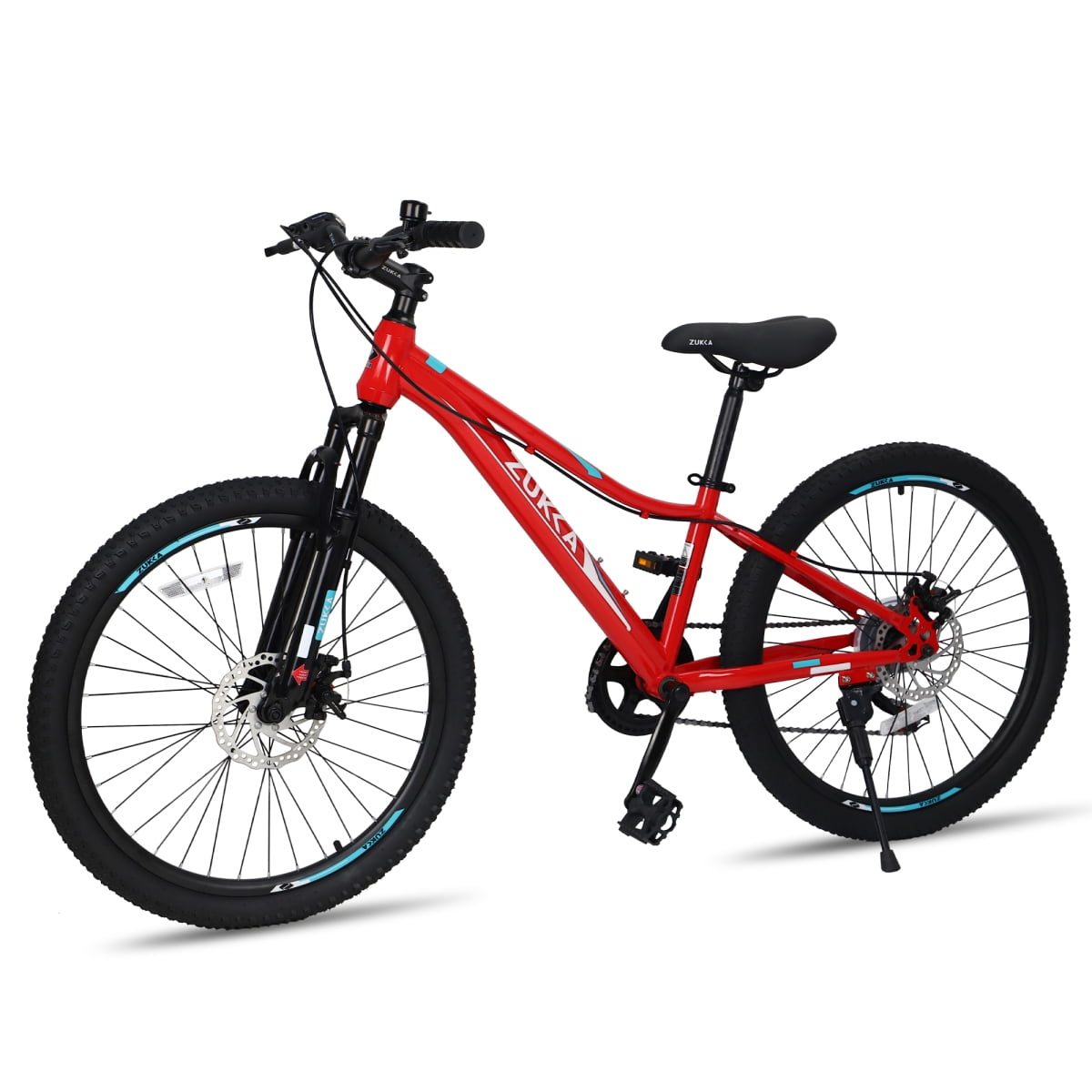 LuckyNote 24 Inch 6-Speed Mountain Bike, Steel Frame, Front & Rear Disc Brakes, Suspension Fork, Red