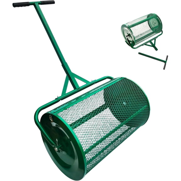 LuckyNote 24 Inch Compost and Peat Moss Spreader Roller, Top Soil Sand Manure Mulch Spreader, Lawn Top Dressing Garden Spreader, Green
