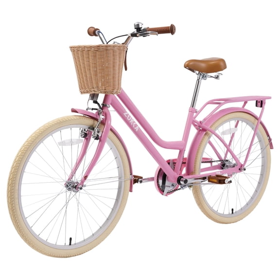 LuckyNote 24 Inch Single Speed Cruiser Bike Steel Frame with Basket and Bell Light Pink
