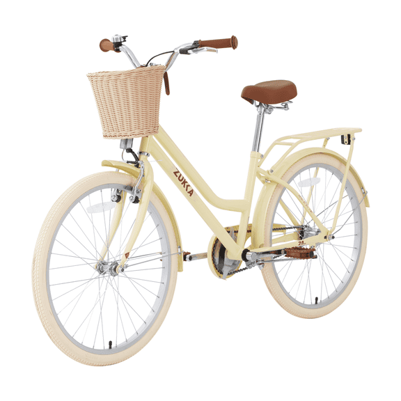 LuckyNote 24 Inch Single Speed Cruiser Bike Steel Frame with Basket and Bell Yellow