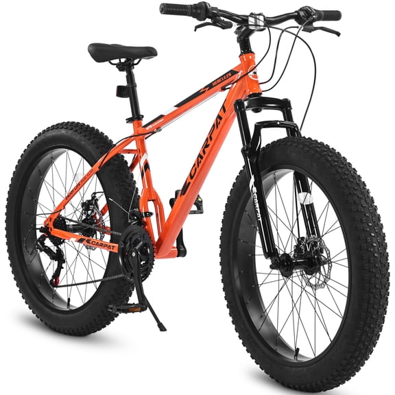 LuckyNote 26 Inch Fat Tire Mountain Bike, Full Shimano 21 Speed, Dual Disc Brake, High-Carbon Steel Frame, Front Suspension, Urban Commuter, Orange