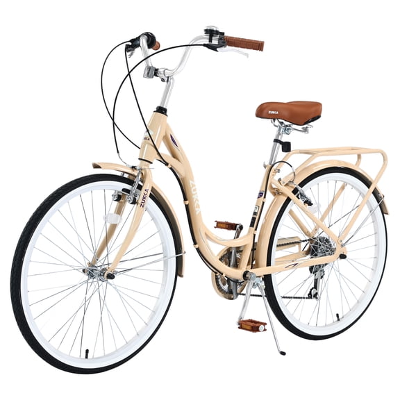 LuckyNote 26 Inch Ladies Bicycle 7 Speed Steel Frame Comfort City Bike with Brown Saddle Beige