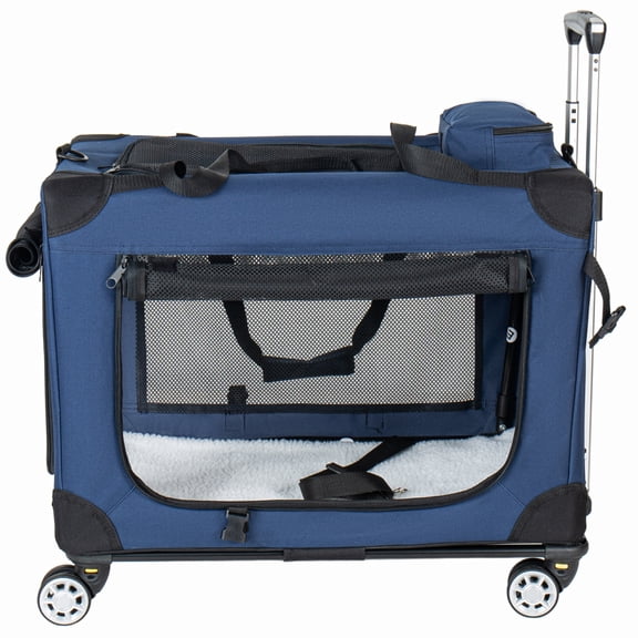 LuckyNote 28" Foldable Travel Dog Crate, Rolling Pet Carrier with Wheels, 3-Door Portable Soft Kennel for Medium Large Dogs, Dark Blue