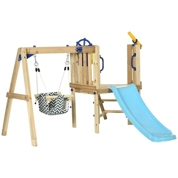 LuckyNote 3 in 1 Wooden Swing Set Outdoor Playset with Baby Swing Seat, Toddler Slide, Captain's Wheel, Telescope, Kids Backyard Playground Equipment for Ages 1.5-4, Natural Wood