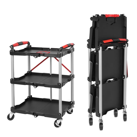 LuckyNote3-Tier Foldable Rolling Cart - Portable Utility Cart with 360 Wheels & 240LBS Load, Folds Flat for Easy Storage, Ideal for Garage, Office, and Home