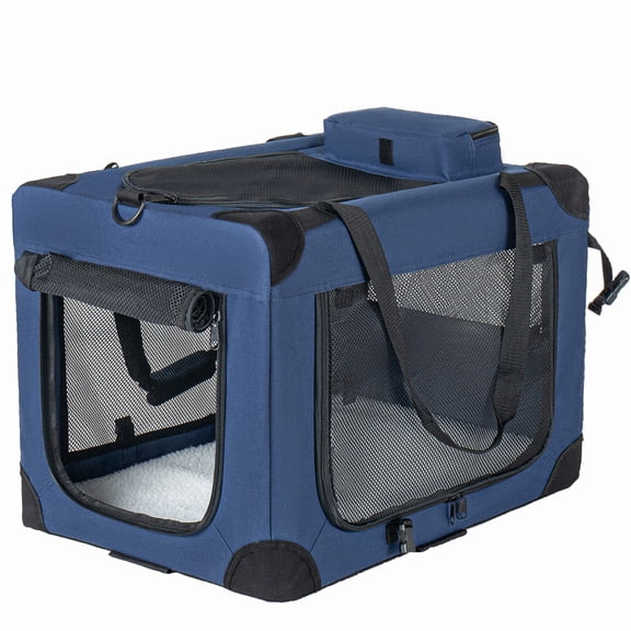LuckyNote 36" Foldable Soft Dog Crate, 3-Door Portable Folding Pet Carrier with Mesh Windows, Indoor Outdoor Travel Kennel, Dark Blue