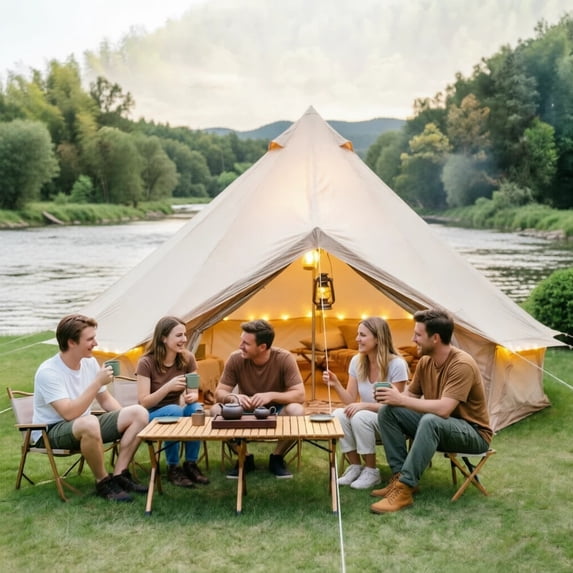 LuckyNote 4 Season Bell Tent 13.1FT with Stove Jack, Waterproof Glamping Yurt Tent for 8 People Family Camping – Beige