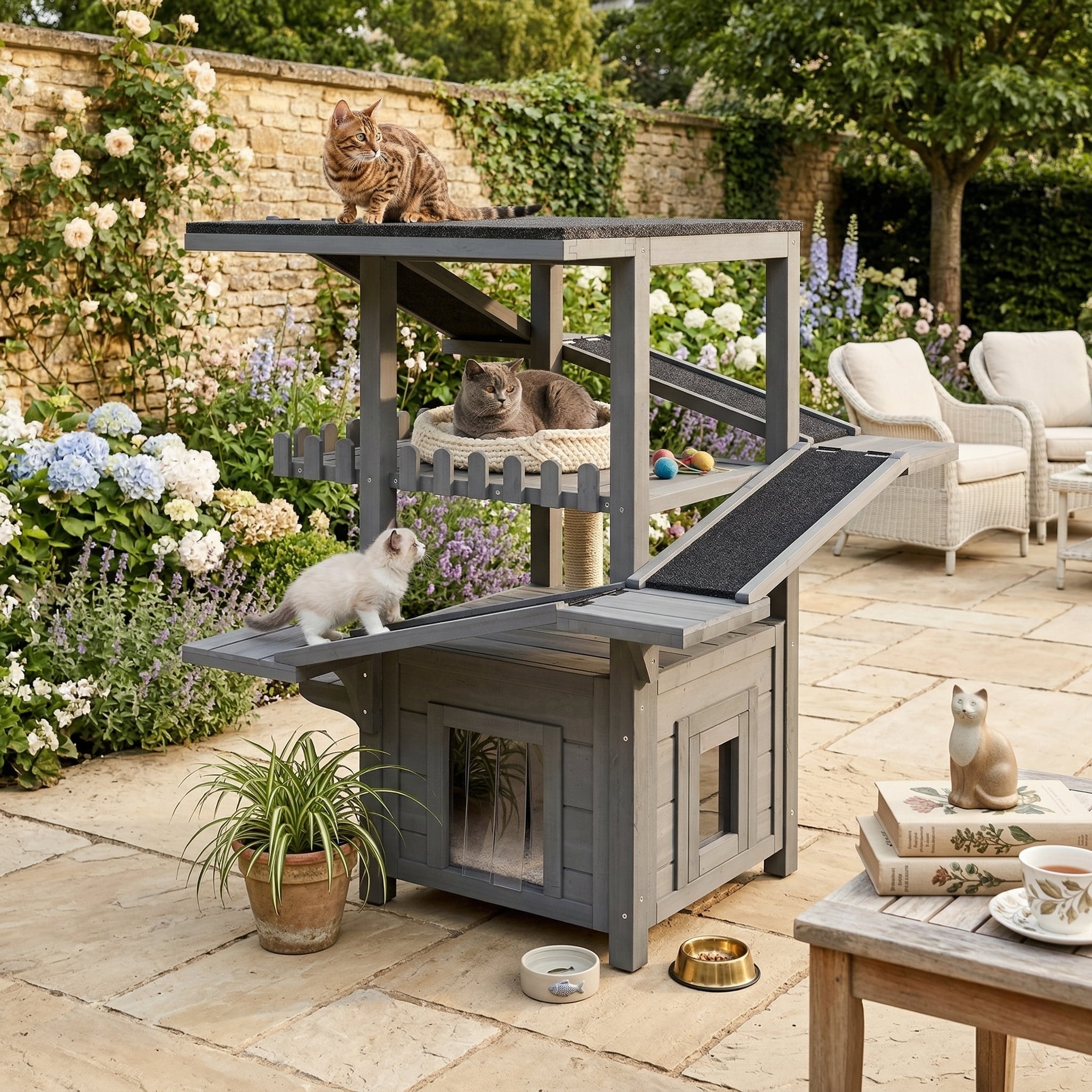 LuckyNote 4-Tier Outdoor Cat House, Weatherproof Cat Tree Tower with ...