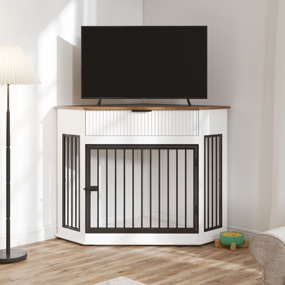 LuckyNote 44.6" Corner MDF Dog Crate Furniture for Small/Medium Dogs, Decorative Dog Kennel End Table with Fluted Drawer Storage, Modern Space-Saving Dog Cage Cabinet, White
