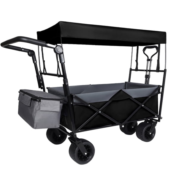 LuckyNote 480 lbs Collapsible Wagon with Canopy & Push Handle, 7″ All‑Terrain Wheels, Foldable Utility Cart for Camping, Black