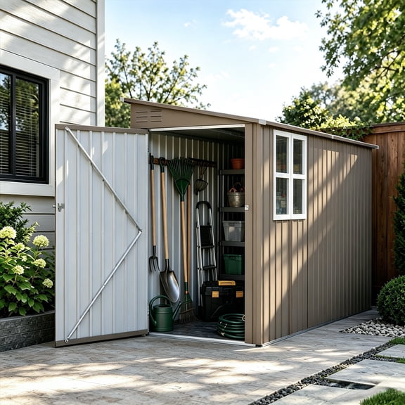 LuckyNote 4x9 ft Olive Grey Outdoor Metal Storage Shed, Galvanized Steel Tool House with Light-Transmitting Window, for Backyard Garden, Gray