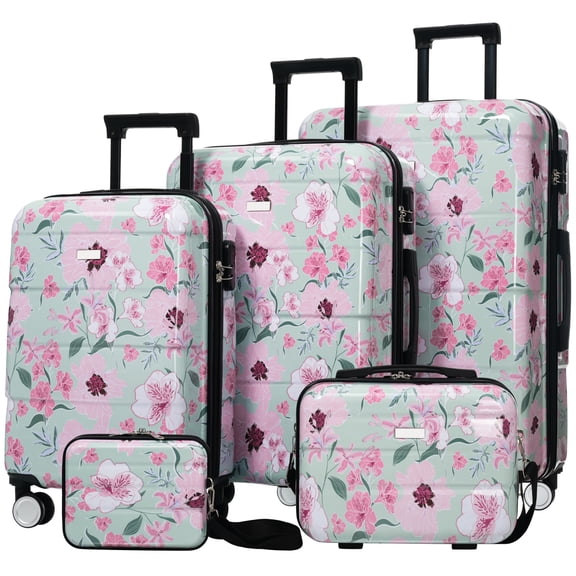 LuckyNote 5‑Piece PC Hardside Luggage Set, 20/24/28″ Suitcases with 8″ & 14″ Cases, Spinner Wheels, Combination Lock, Green & Pink Flower