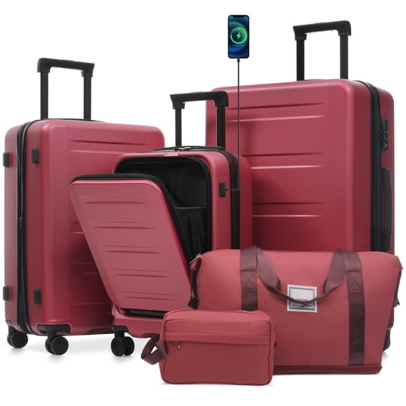LuckyNote 5‑Piece Rolling Luggage Set, Hardside Expandable Suitcase with USB Port, Double Spinner Wheels, TSA Lock, Red