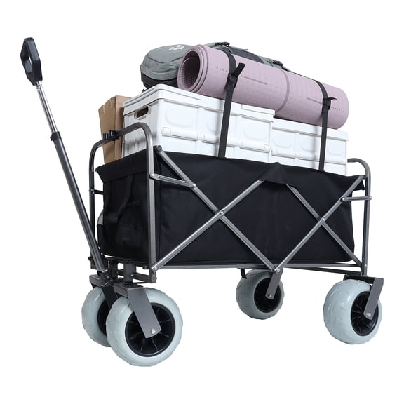 LuckyNote 500 lbs Beach Wagon with 9″ Pneumatic Tires, All-Terrain Steel Folding Cart, Collapsible with Cooler Bag & Straps, Black