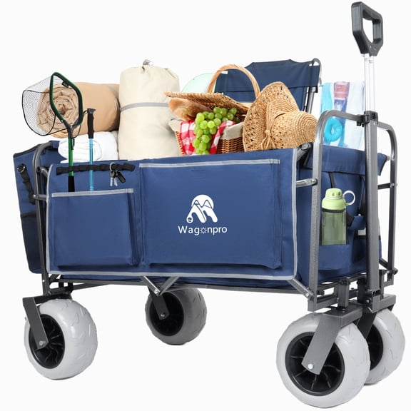 LuckyNote 500 lbs Heavy Duty Folding Utility Wagon, 9″ All-Terrain Balloon Wheels, with MOLLE Pockets & Cooler Bag, Dark Blue