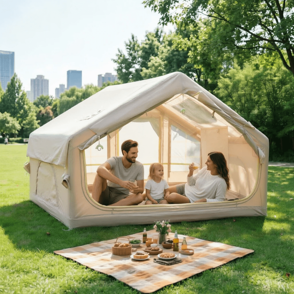 LuckyNote 6.3m² Inflatable Camping Tent, 4 Season Waterproof Air Tent with Clear Skylight & Mesh Windows/Doors, Beige