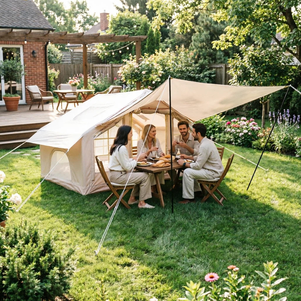 LuckyNote 6.3m² Inflatable Camping Tent with Canopy, 4 Season Waterproof Air Tent with Mesh Windows/Doors & Clear Skylight, Beige