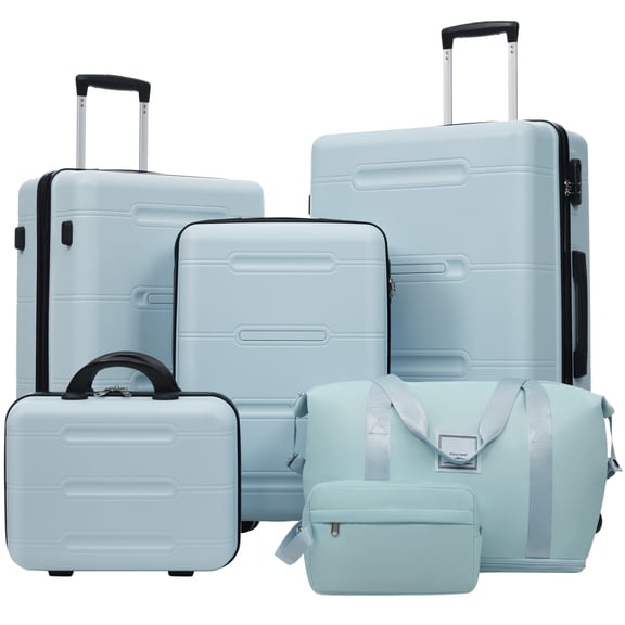 LuckyNote 6‑Piece Travel Luggage Set, Hardshell Suitcase with Double Spinner Wheels, 14″ Cosmetic Case & Duffel Bag, Password Lock, Light Blue