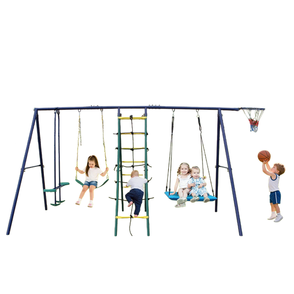 LuckyNote 6 in 1 Swing Set with Climbing Ladder, Net, Glider, Hammock & Belt Swing, Basketball Hoop for Backyard, Multicolor
