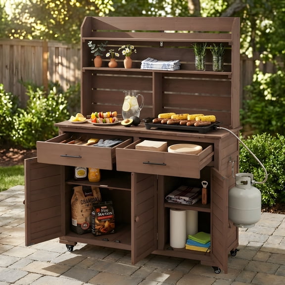 LuckyNote 65"H Wooden Potting Bench with Lockable Wheels & Storage Cabinet, Outdoor Kitchen Island Prep Cart with Hutch Top, Drawers & Adjustable Shelves, Brown