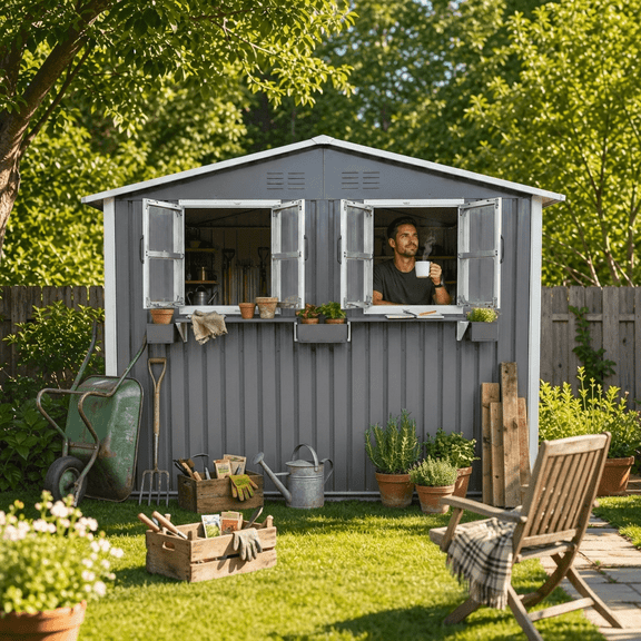 LuckyNote 6x9 FT Heavy Duty Metal Storage Shed, Lockable Double Doors with Window, Flower Rack, Weatherproof for Patio, Grey