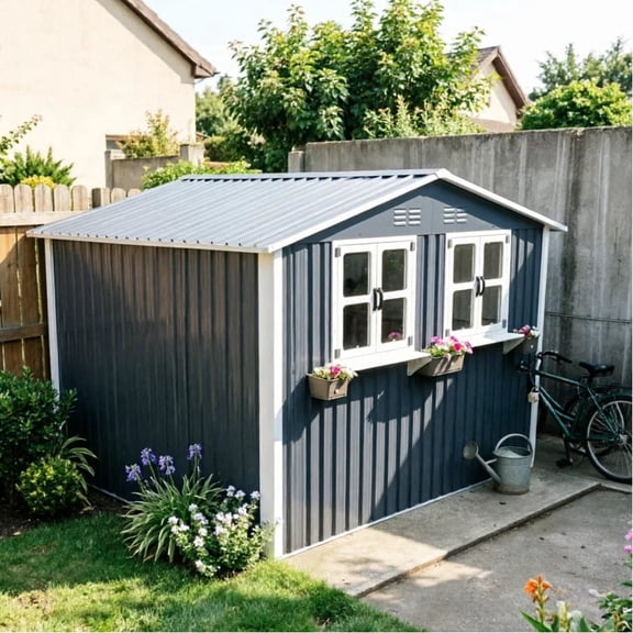 LuckyNote 6x9 FT Outdoor Metal Shed, Lockable Double Doors, Window & Flower Rack, Waterproof Garden Storage, Coal Gray