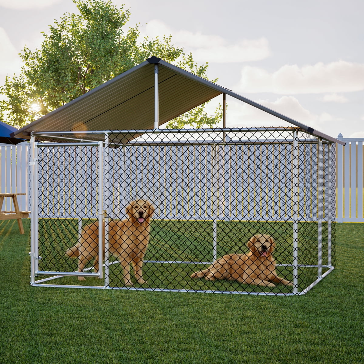 LuckyNote 7.5'x7.5' Outdoor Heavy Duty Dog Kennel for Large Dogs, Rust-Proof Coated Wire Mesh with Sturdy Metal Roof, Secure Lock, Grey
