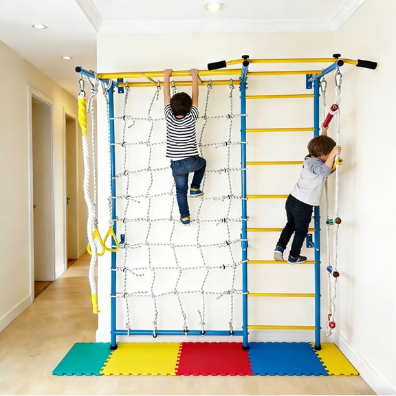 LuckyNote 7-in-1 Indoor Playground Wall Gym For Kids, Climbing Ladder With Monkey Bars, Rope Wall, Pull-Up Bar, Gymnastic Rings, Carbon Steel Frame, Multicolor