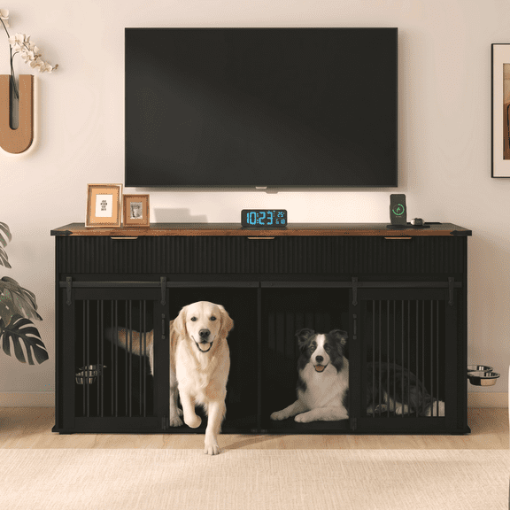 LuckyNote 71'' Large Double Dog Crate Cabinet, Sliding Door with Latch, Type-C & USB Ports, Black+Dark Walnut