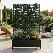 LuckyNote 73" x 47" Metal Raised Garden Bed with Trellis, Large Planter Box with Lockable Wheels & Drainage Holes, Privacy Screen for Vegetables/Vines/Climbing Plants, Black