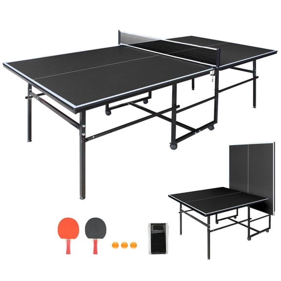 LuckyNote 8.5x4.3ft Portable Table Tennis Table, Mid‑Size Ping Pong Set with Net, 2 Rackets & 3 Balls, Foldable for Office or Apartment, Black