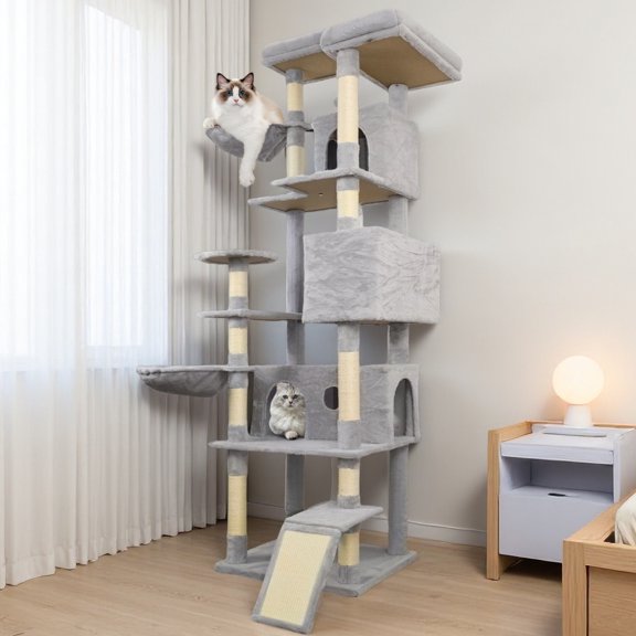 LuckyNote 84.6″ Cat Tree Tower with 3 Hiding Condos, 11 Sisal Scratching Posts, Sisal Ladder, 2 Hammocks, Light Gray