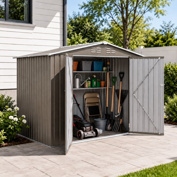LuckyNote 8x6 ft Outdoor Metal Storage Shed, Galvanized Steel Tool House with Lockable Double Door & Vents, Olive Grey