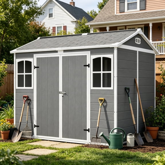 LuckyNote 8x6 ft Plastic Utility Shed with Floor, Lockable Garden Storage Shed for Tools & Trash Bins, All-Weather Outdoor Organizer, Gray