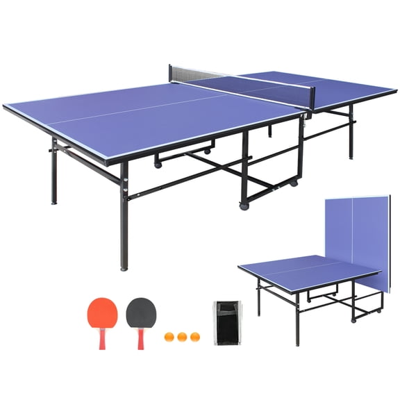 LuckyNote 9x4.1ft Foldable Ping Pong Table, Mid‑Size Table Tennis Set with Net, 2 Paddles & 3 Balls, Portable for Indoor Game Rooms, Blue