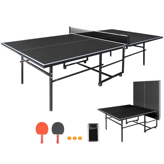 LuckyNote 9x4.1ft Portable Table Tennis Table, Mid‑Size Ping Pong Set with Net, 2 Rackets & 3 Balls, Foldable for Home or Office, Black