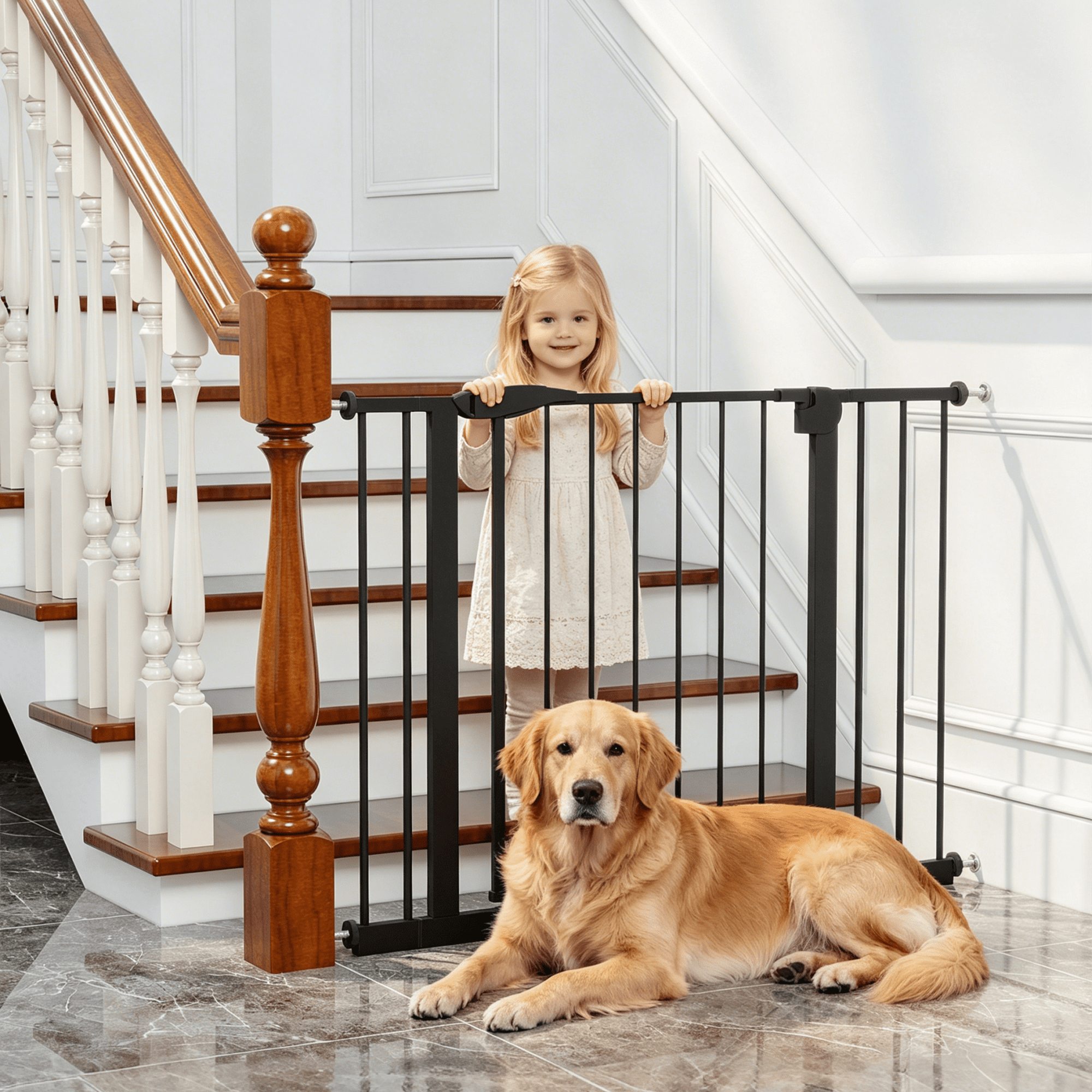 LuckyNote Adjustable Dog Gate for Stairs & Doorways, 29.5-44.1" Wide Pressure Mounted Pet Gate, No Drilling Easy Walk Through Safety Gate – Black