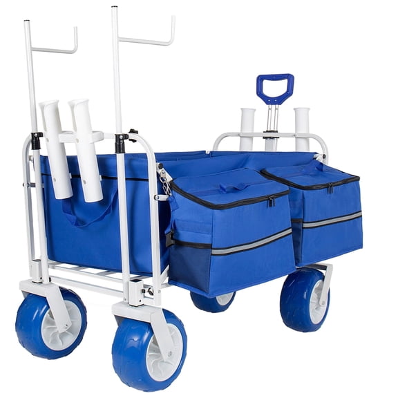 LuckyNote Beach Wagon Cart with Chair Racks & Fishing Rod Holders, 9" All-Terrain Wheels, 500lbs Heavy Duty Collapsible, Removable Cooler & Storage Bags, Blue