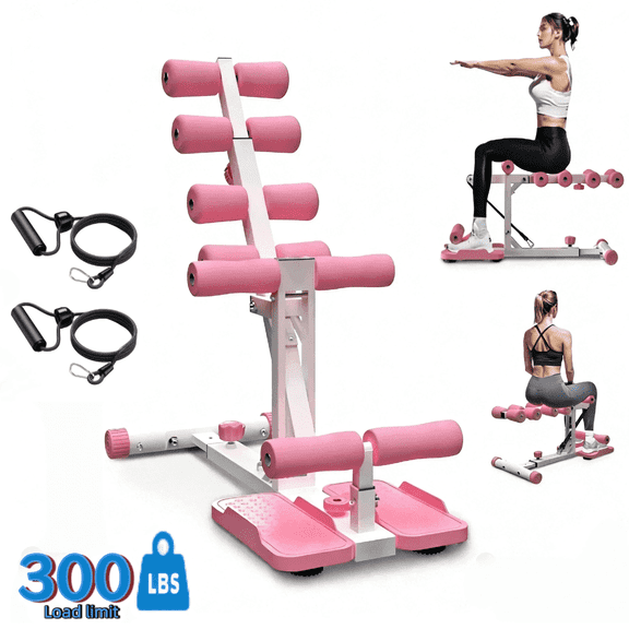 LuckyNote Deep Squat Assist Machine with Resistance Bands, Glutes and Legs Trainer for Home Gym, Compact Workout Equipment, White and Pink