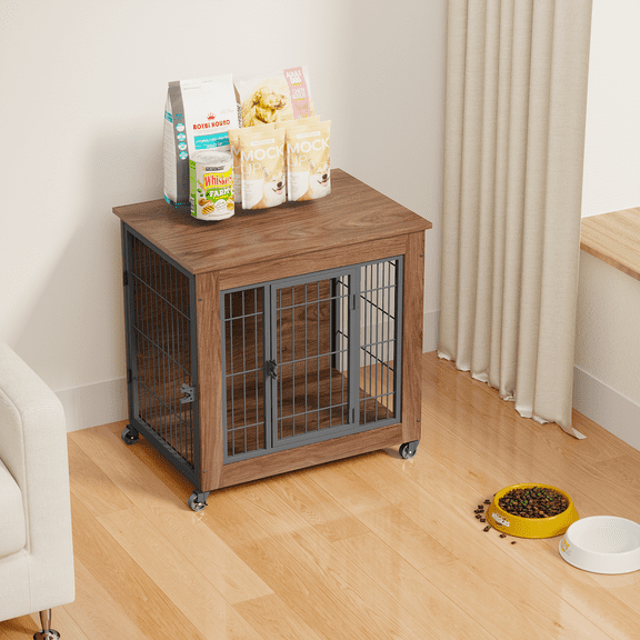 LuckyNote Dog Crate Furniture with Wheels, 27"/32"/38" Wooden Pet Cage End Table with 2 Doors, Heavy Duty Metal Kennel Indoor for Small Dogs Anxiety
