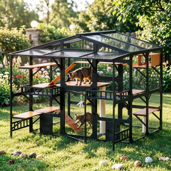 LuckyNote Extra Large Cat Enclosure for Multiple Cats, Outdoor Cat Cage with Sunroof, Scratching Post & Storage Shelves, Black+Brown